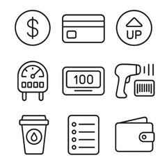 Prepaid Utility Icons. Line style icons of Prepaid Utility Account: dollar coin, prepaid card, top-up button, usage meter, balance