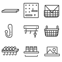 Wall Storage Icons. Line style icons of Wall Storage: floating shelf, pegboard panel, magazine rack, coat hook, key holder, wall