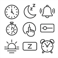 Sleep and Alarm Icons. Line style icons of Sleep Timer & Alarm: clock face, timer dial, alarm bell, sleep moon icon, countdown