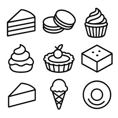 Gourmet Dessert Icons. Line style icons of Gourmet Desserts silhouette: chocolate cake slice, macarons, cupcake, cream puff, fruit