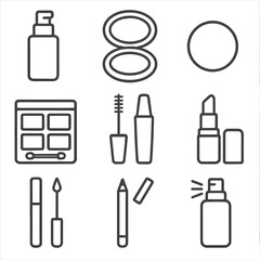 Makeup Icons Collection. Line style icons of Makeup Products Collection: foundation bottle, compact powder case, blush pan,