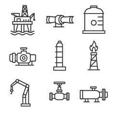 Oil & Gas Icons. Line style icons of Oil & Gas Infrastructure: offshore oil platform, subsea pipeline, storage tank, gas