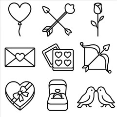 Valentine Line Icons. Line style icons of Valentine’s Day Symbols: heart balloon, cupid arrow, rose stem, love-letter envelope,