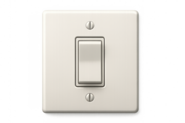 Close-up of a white light switch on a transparent background, showing the switch in the off position