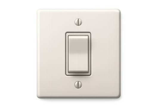 Close-up of a white light switch on a transparent background, showing the switch in the off position