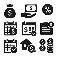 Decepticons_ Debt Icons. Solid style icons of debt and loans: loan icon, credit repayment, interest rate, monthly installment,