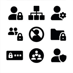 Access Control Icons. Solid style icons of access control and roles: user with lock, role hierarchy chart, admin settings icon,