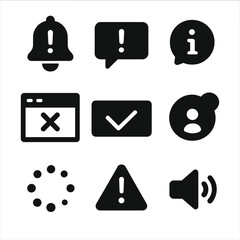 System Notification Icons. Solid style icons of system notifications: bell alert icon, popup message box, info tooltip icon, error