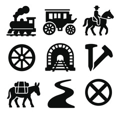 Western Transport Icons. Solid style icons of transportation in the west: steam locomotive, stagecoach icon, horseback rider,