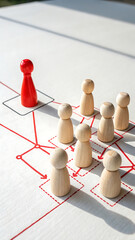 Obraz premium Organizational Leadership and Structure: A red wooden pawn stands atop a structure of interconnected boxes and line, symbolizing strategic leadership and organizational hierarchy.