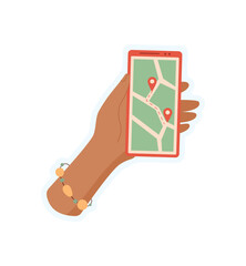 Hand holds smartphone showing a map sticker. User navigates the app on the screen of phone sticker. Digital navigation, flat style, suitable for online content and technology marketing.