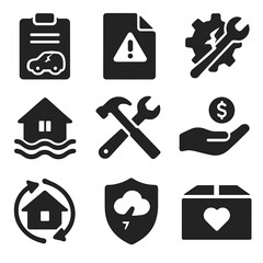 Insurance and Recovery Icons. Solid vector icons of insurance and recovery: damage report clipboard, claim file with alert, repair