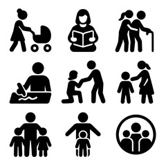 Caretaker Icon Set. Solid vector icons of guardians and caretakers: nanny with stroller, babysitter reading, elder caregiver,