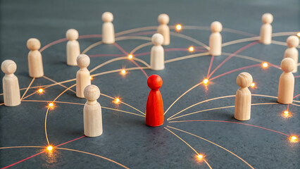 Navigating Connections: A symbolic network of wooden figures, with a solitary red piece at the center, highlighting concepts of networking, leadership, and global influence.