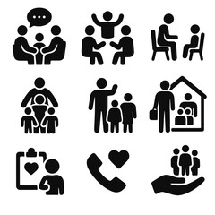 Family Support Icons. Solid style icons of family support services: family counseling icon, parenting group, therapy session for