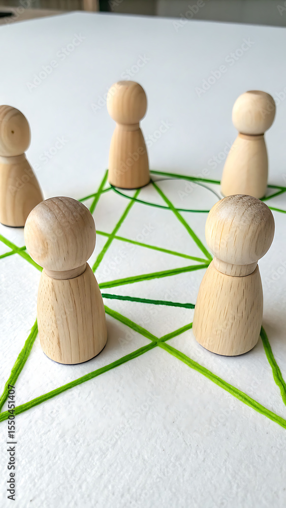 Poster connected wooden figures: abstract representation of interconnected wooden figures, symbolizing netw