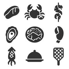 Seafood Icons Collection. Solid style icons of seafood and maritime cuisine: fish fillet icon, crab with lemon, shrimp skewer icon