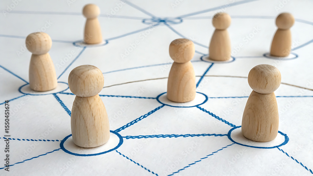 Poster networking: abstract conceptual image of a network with interconnected wooden figures, symbolizing c