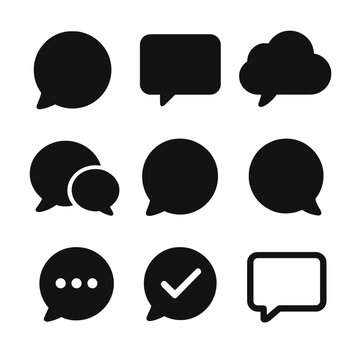 Basic Chat Icons. Solid vector icons of basic chat shapes: round speech bubble, rectangular chat box, cloud-style bubble,
