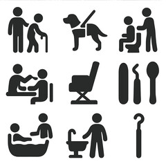 Personal Care Icons. Solid style icons of personal care and support: caregiver icon, assistance dog harness, personal assistant
