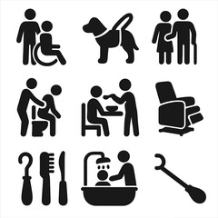 Personal Care Icons. Solid style icons of personal care and support: caregiver icon, assistance dog harness, personal assistant