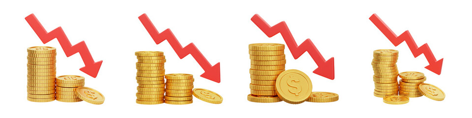 Financial Loss Icon – 3D Down Arrow & Coin Stack – PNG Clipart Set

