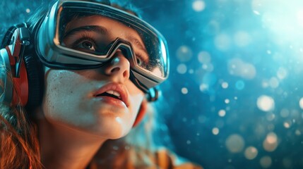 Naklejka premium A young girl immersed in a virtual reality world, wearing VR goggles and headphones, capturing the essence of technology and the future of human experience and interaction.