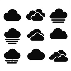Cloud Icon Set. Solid vector icons of cloudy skies: overcast cloud icon, scattered clouds symbol, layered cloud shapes, cloud