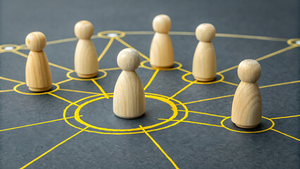 Obraz premium Business Connection: Wooden figurines representing diverse individuals are interconnected, illustrating teamwork, collaboration, and network through graphic visualization.