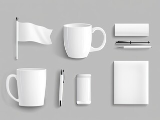 Mockup of various promotional items. Flatlay of blank white branding products on gray background