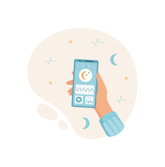 A hand holds a phone displaying a mobile app screen. The user engages with the digital application using simple gesture. This image illustrates communication technology, flat design, and potential