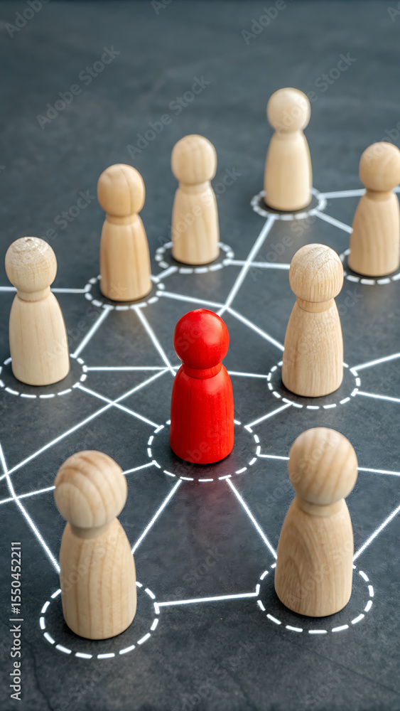 Poster connectedness concept: a conceptual representation of a network, with a central red figure surrounde