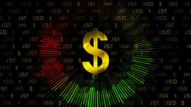 Golden dollar sign with circular chart showing financial growth and decline on black background. Seamless looping motion design. Video animation Ultra HD 4K 3840x2160