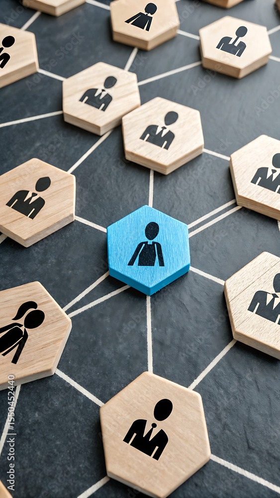 Poster network of connections: interconnected wooden hexagons depict a network of diverse individuals. one 