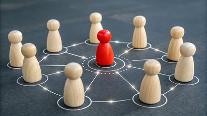 Obraz premium Strategic Leadership: A visual metaphor of leadership, with a central figure in vibrant red commanding attention, representing a network of interconnected individuals