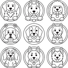 Nine Blackand White Line Drawings of Dogs in Circles puppy puppies