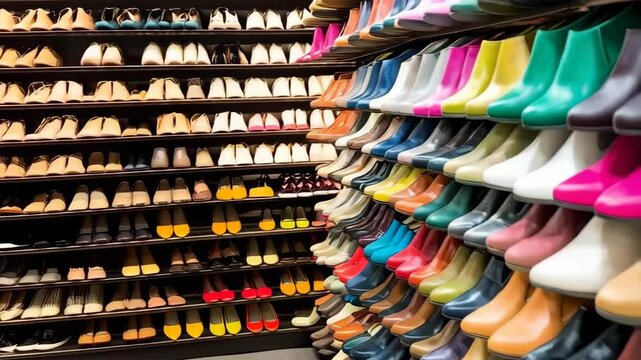 Rows of colorful ankle boots displayed on shelves showcasing fashion footwear and vibrant leather accessories