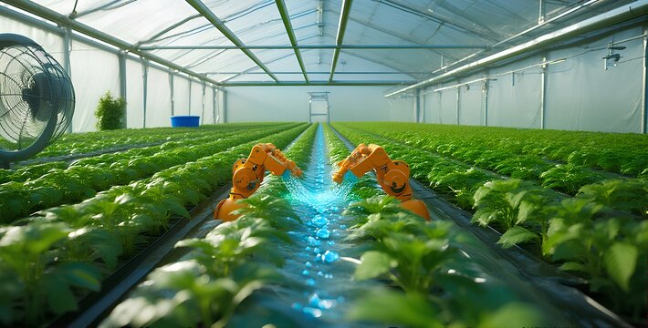 Agriculture robotic and autonomous arm working in smart farm, Future AI and 5G technology with smart agriculture farming concept