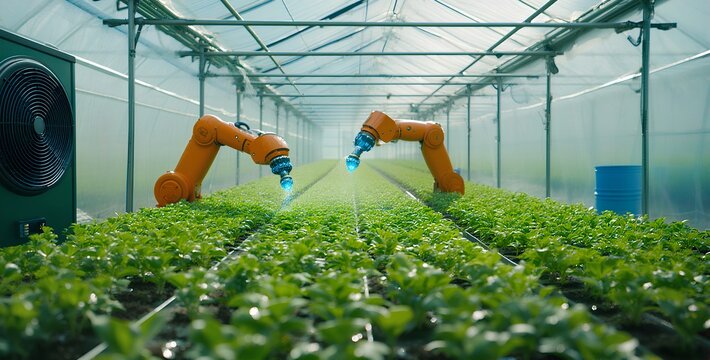 Agriculture robotic and autonomous arm working in smart farm, Future AI and 5G technology with smart agriculture farming concept