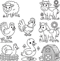 Black And White Farm Animals Line Art Illustrations Sheep Cow Chicken Horse Duck Barn vector