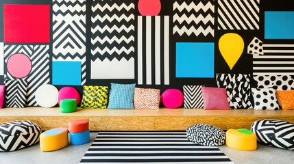 Colorful patterned wall and seating area.