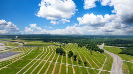 aerial shot of vast miles of lush green trees and homes at the Nashville Superspeedway in Lebanon...