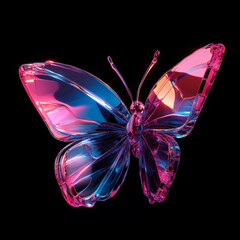 a crystal butterfly in tranparent pink and blue colored  black background 3d Generative ai