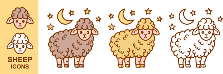 Obraz premium Cute sheep, lamb farm animal with moon and stars icon set. Funny little ram character. Night sleep dream. Wool textile. Domestic ewe head face. Agriculture livestock mammal. Aries zodiac sign. Vector
