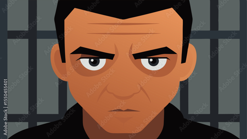 Poster a closeup of the prisoners face showing a furrowed brow and intense eyes as they contemplate their c