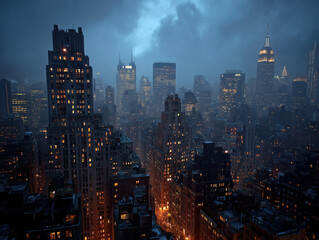 Obraz premium City Skyline at Night with Illuminated Skyscrapers