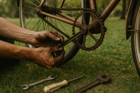 Mechanic fixing bicycle chain outdoors with tools