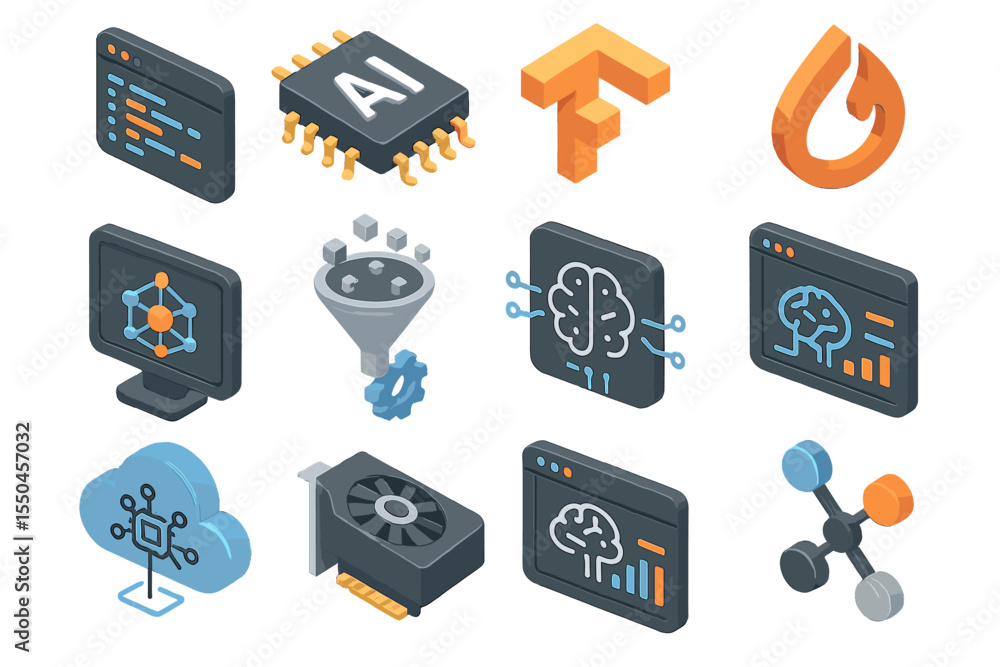 Poster isometric icons of ai and machine learning technology elements