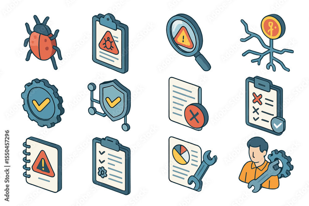 Poster set of twelve colorful security and analysis icons