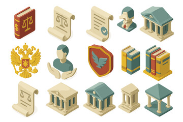 Isometric Legal Icons Representing Justice and Law Concepts
